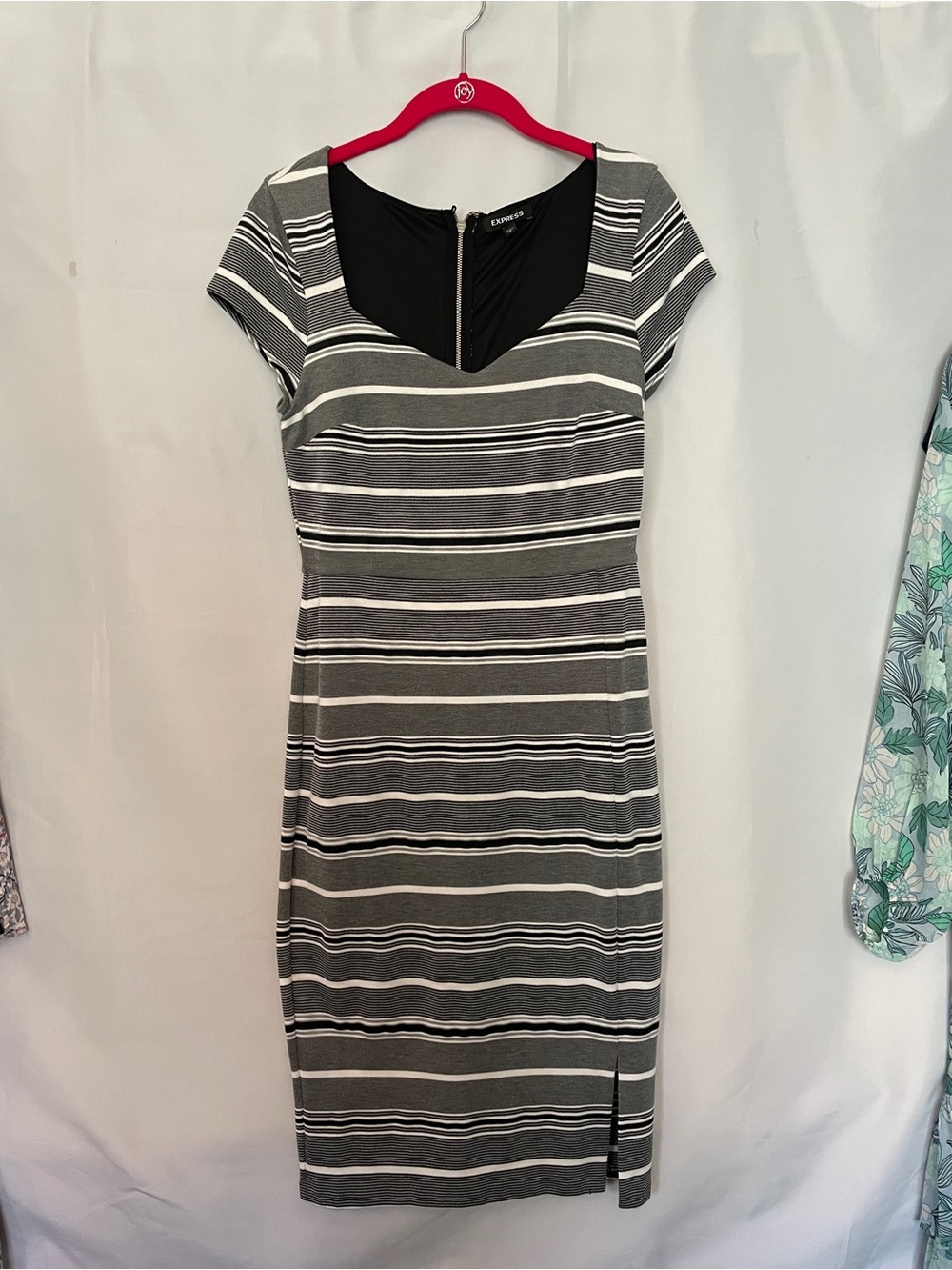Express Striped Gray & White Sheath Dress with Scoop Neck